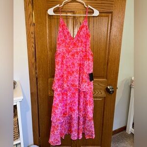 Adorable Obsession Pink Floral Print Lurex Tiered Midi Dress